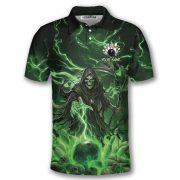 Grim Reaper Green Fire Bowling Ball Pins Custom Bowling Shirt - Image 3