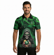 Grim Reaper Green Fire Skull Billiard Balls Pattern Custom Pool Shirt - Image 2