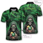 Grim Reaper Green Fire Skull Billiard Balls Pattern Custom Pool Shirt - Image 5