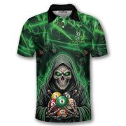 Grim Reaper Green Fire Skull Billiard Balls Pattern Custom Pool Shirt - Image 3