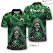 Grim Reaper Green Fire Skull Bowling Pattern Custom Bowling Shirt - Image 5