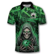 Grim Reaper Green Fire Skull Bowling Pattern Custom Bowling Shirt - Image 3