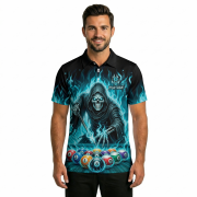 Grim Reaper Playing 8 Ball Billiards Ghostly Fire Custom Pool Shirt - Image 2
