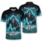 Grim Reaper Playing 8 Ball Billiards Ghostly Fire Custom Pool Shirt