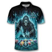 Grim Reaper Playing 8 Ball Billiards Ghostly Fire Custom Pool Shirt - Image 3