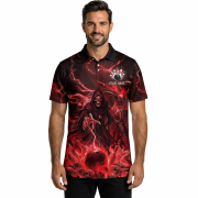 Grim Reaper Red Fire Bowling Ball Pins Custom Bowling Shirt - Image 2