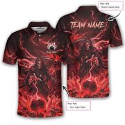 Grim Reaper Red Fire Bowling Ball Pins Custom Bowling Shirt - Image 5