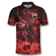Grim Reaper Red Fire Bowling Ball Pins Custom Bowling Shirt - Image 3