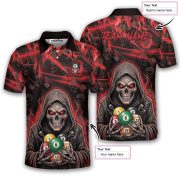 Grim Reaper Red Fire Skull Billiard Balls Pattern Custom Pool Shirt - Image 5