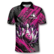 Pink Fire Bowling Strike Abstract Grunge Custom Bowling Shirt - Image 3
