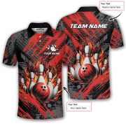Red Fire Bowling Strike Abstract Grunge Custom Bowling Shirt - Image 5
