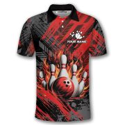 Red Fire Bowling Strike Abstract Grunge Custom Bowling Shirt - Image 3
