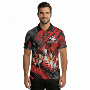 Red Fire Bowling Strike Abstract Grunge Custom Bowling Shirt - Image 2