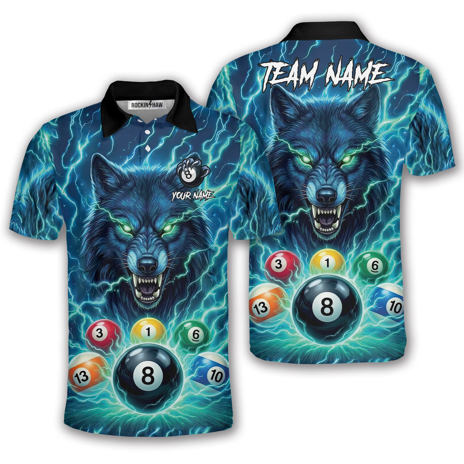 Teal Wolf Lightnings 8 Ball Billiard Custom Pool Shirt #338PRM20260422 Mockup FB Teal Wolf Lightnings 8 Ball Billiard Custom Pool Shirt - Image 1