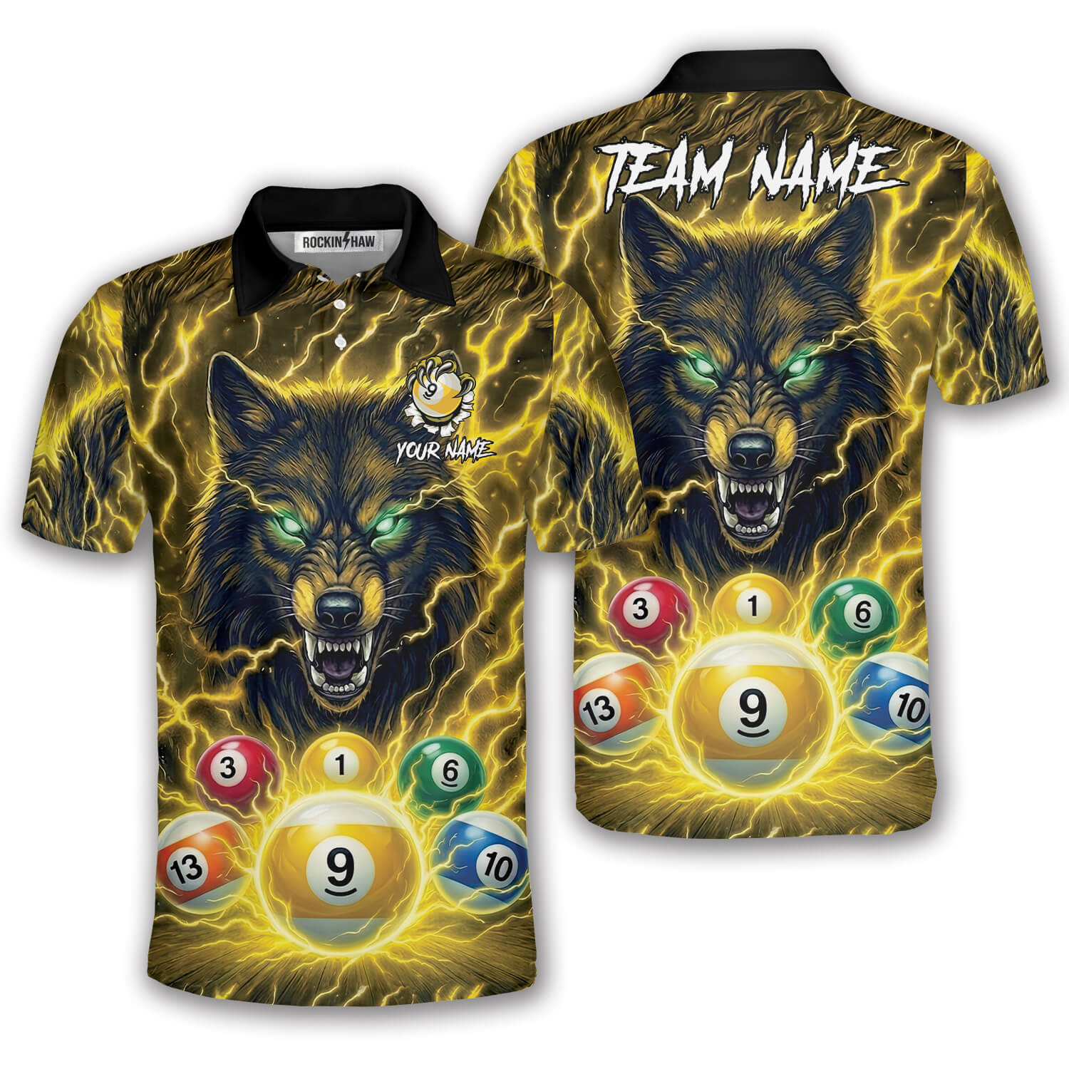 Yellow Wolf Lightnings 9 Ball Billiard Custom Pool Shirt #339PRM20260422 Mockup FB Yellow Wolf Lightnings 9 Ball Billiard Custom Pool Shirt - Image 1