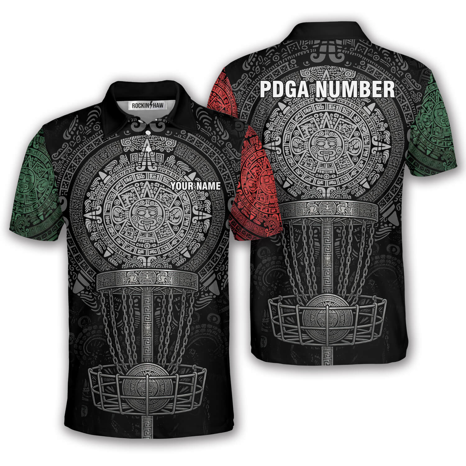 Aztec Calendar Disc Basket Red Green Custom Disc Golf Shirt #411PRM20260526 Mockup FB Aztec Calendar Disc Basket Red Green Custom Disc Golf Shirt - Image 1