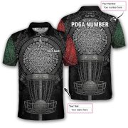 Aztec Calendar Disc Basket Red Green Custom Disc Golf Shirt - Image 5