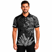 Aztec Tribal Hunting Eagle Black White Custom Bowling Shirt - Image 2