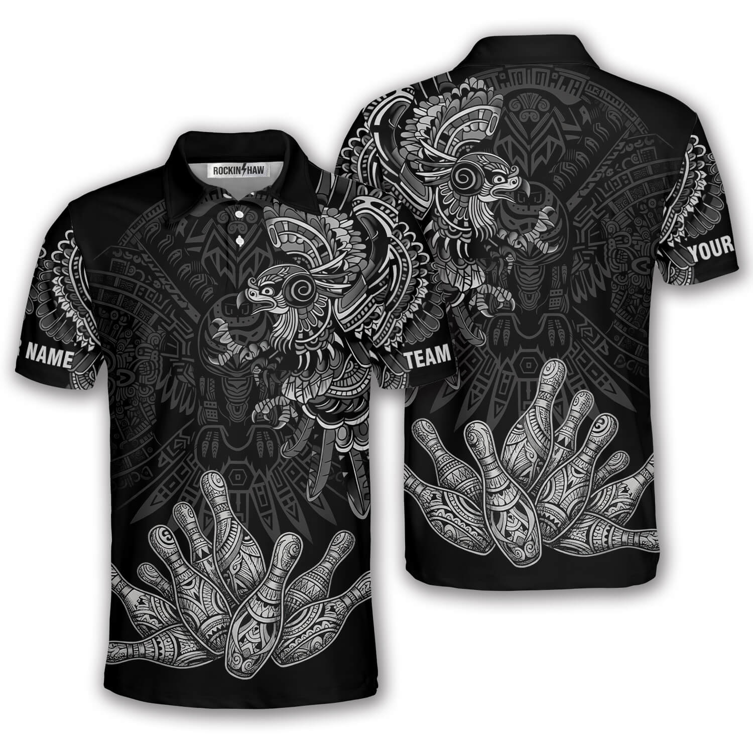 Aztec Tribal Hunting Eagle Black White Custom Bowling Shirt #407PRM20260522 Mockup FB Aztec Tribal Hunting Eagle Black White Custom Bowling Shirt - Image 1