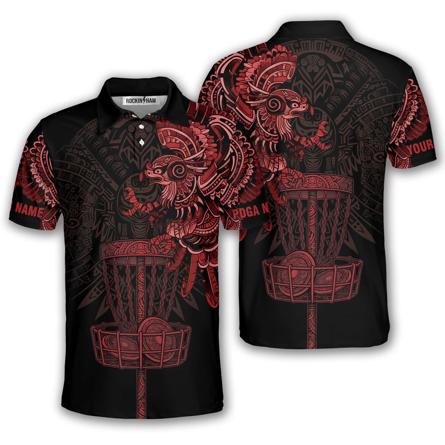 Aztec Tribal Hunting Eagle Red Black Custom Disc Golf Shirt #418PRM20260526 Mockup FB Aztec Tribal Hunting Eagle Red Black Custom Disc Golf Shirt - Image 1