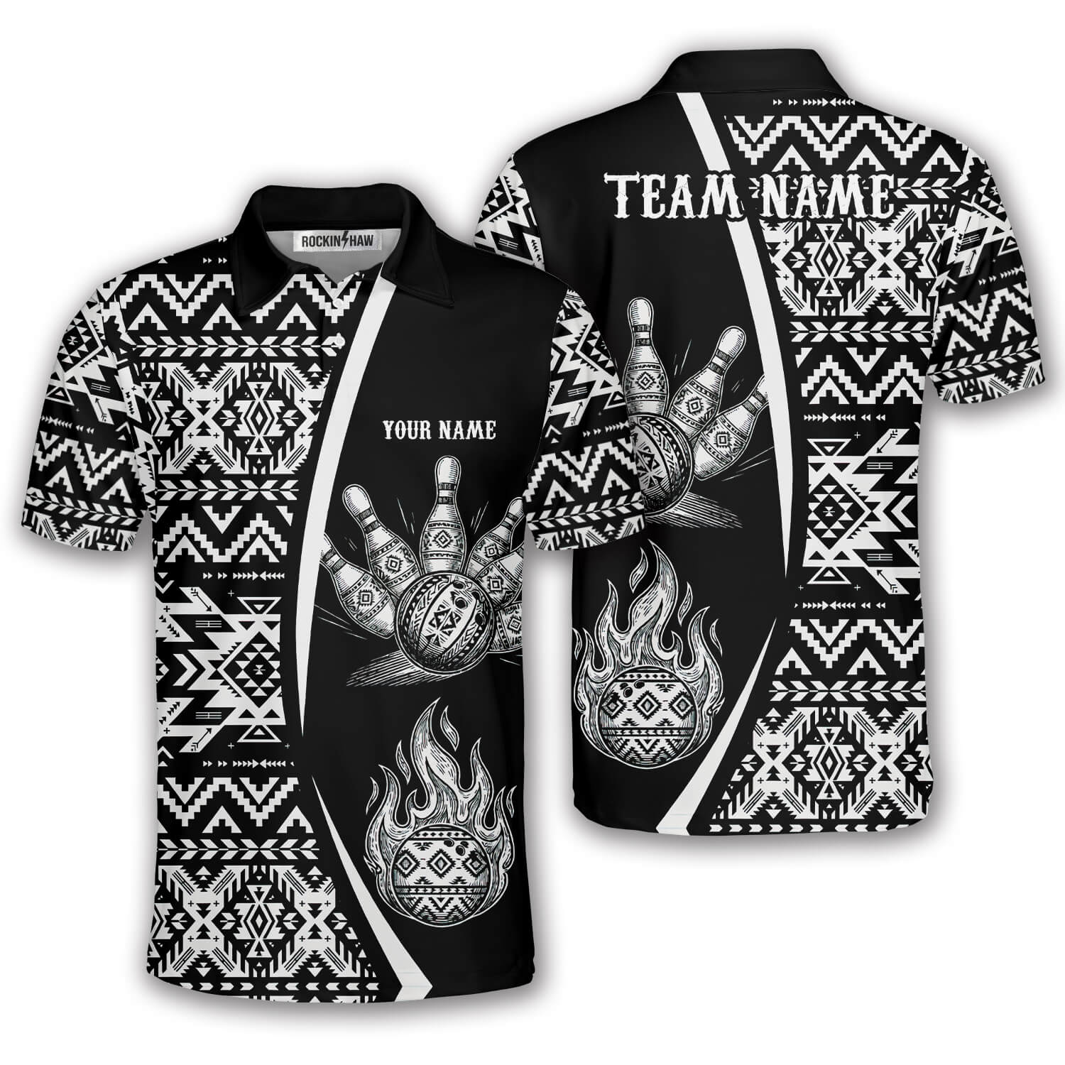 Aztec Tribal Pattern Flaming Bowling Ball Custom Bowling Shirt #383PRM20260518 Mockup FB Aztec Tribal Pattern Flaming Bowling Ball Custom Bowling Shirt - Image 1