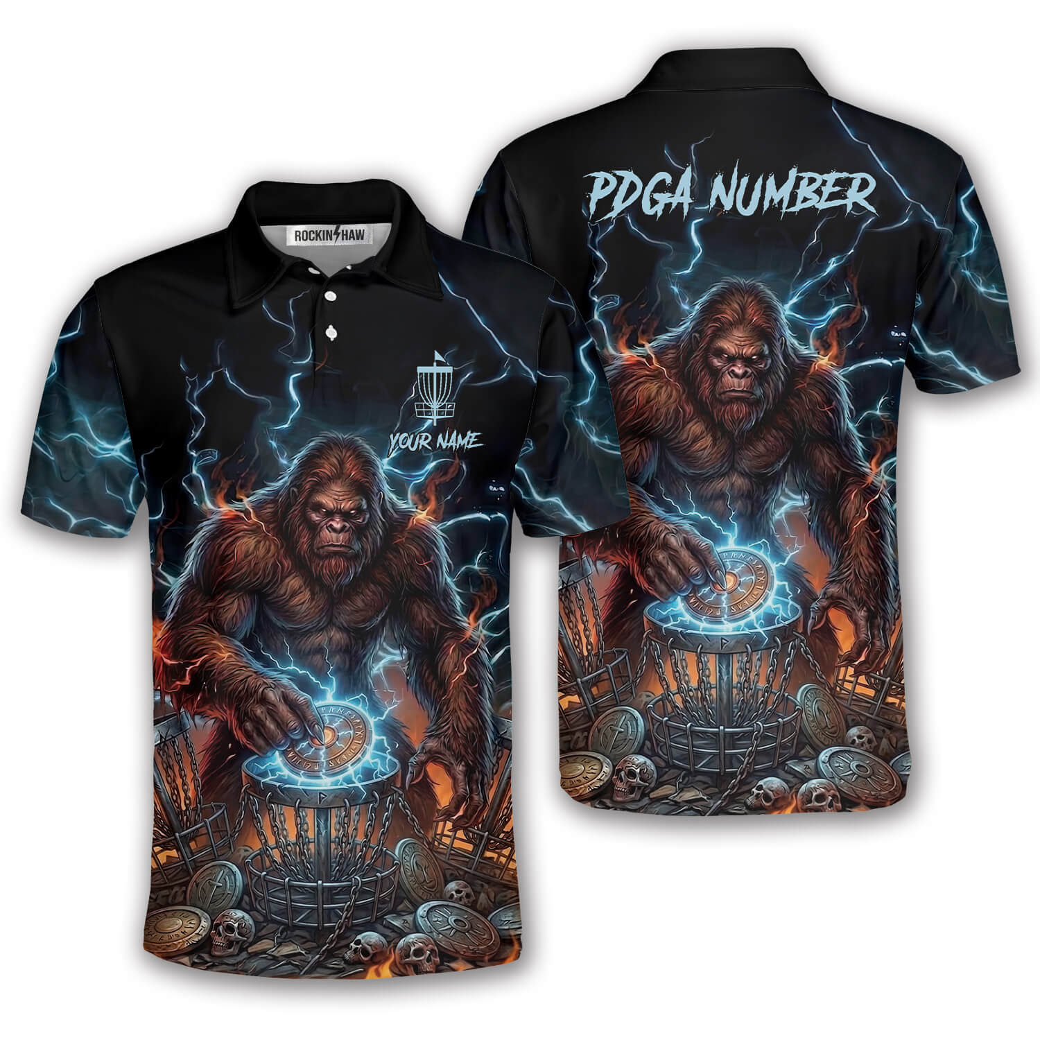 Bigfoot Blue Fire Disc Basket Sasquatch Custom Disc Golf Shirt #373PRM20260515 Mockup FB Bigfoot Blue Fire Disc Basket Sasquatch Custom Disc Golf Shirt - Image 1