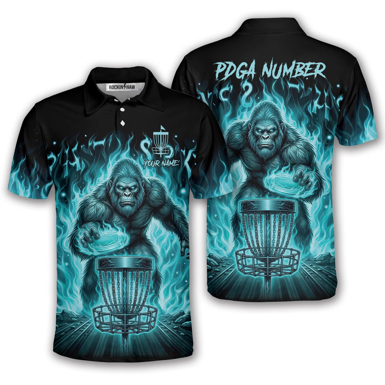 Bigfoot Ghostly Blue Fire Flame Sasquatch Custom Disc Golf Shirt #368PRM20260514 Mockup FB Bigfoot Ghostly Blue Fire Flame Sasquatch Custom Disc Golf Shirt - Image 1
