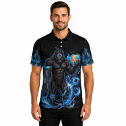 Bigfoot Holding Disc Basket Blue Fire Sasquatch Custom Disc Golf Shirt - Image 2