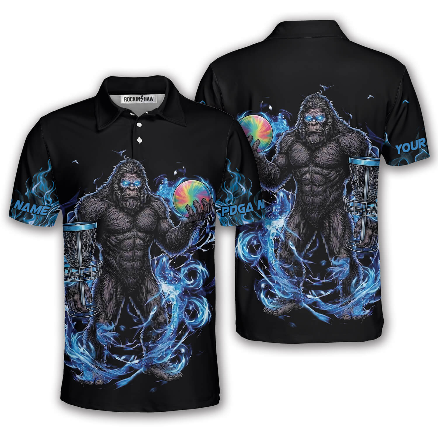 Bigfoot Holding Disc Basket Blue Fire Sasquatch Custom Disc Golf Shirt #370PRM20260514 Mockup FB Bigfoot Holding Disc Basket Blue Fire Sasquatch Custom Disc Golf Shirt - Image 1