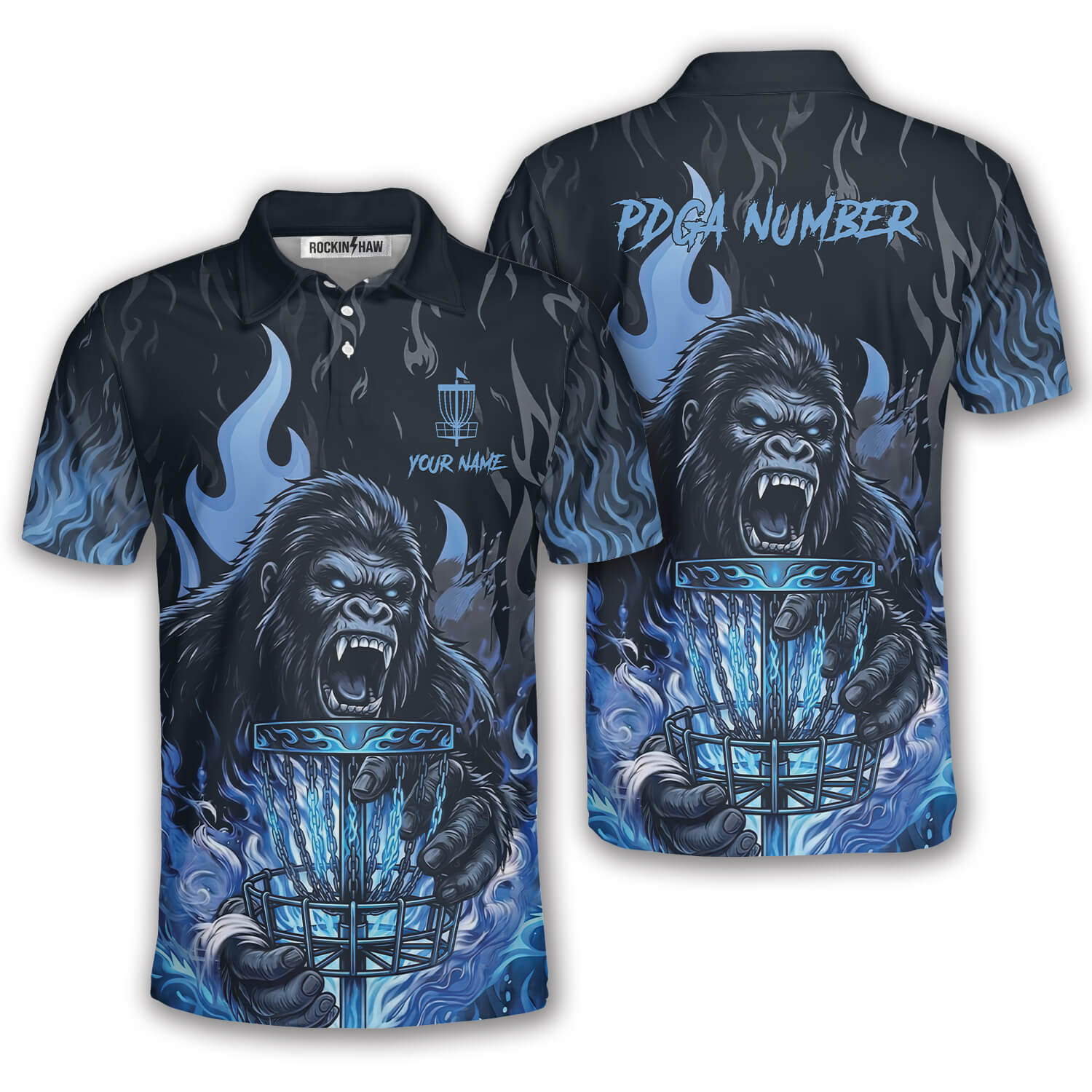 Bigfoot Holding Disc Basket Blue Fire Sasquatch Custom Disc Golf Shirt #372PRM20260514 Mockup FB Bigfoot Holding Disc Basket Blue Fire Sasquatch Custom Disc Golf Shirt - Image 1