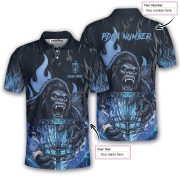 Bigfoot Holding Disc Basket Blue Fire Sasquatch Custom Disc Golf Shirt - Image 5