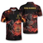 Bigfoot Playing Disc Golf Red Fire Sasquatch Custom Disc Golf Shirt