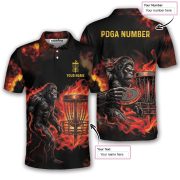 Bigfoot Playing Disc Golf Red Fire Sasquatch Custom Disc Golf Shirt - Image 5