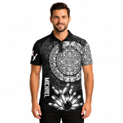 Black White Aztec Calendar Bowling Strike Custom Bowling Shirt - Image 2