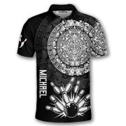 Black White Aztec Calendar Bowling Strike Custom Bowling Shirt - Image 3