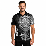 Black White Aztec Calendar Disc Basket Custom Disc Golf Shirt - Image 2