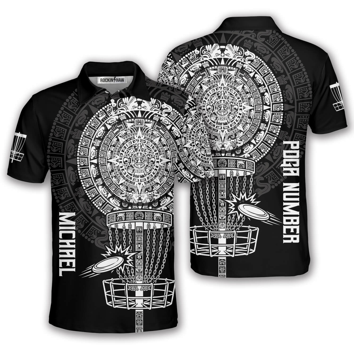 Black White Aztec Calendar Disc Basket Custom Disc Golf Shirt #413PRM20260526 Mockup FB Black White Aztec Calendar Disc Basket Custom Disc Golf Shirt - Image 1