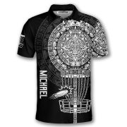 Black White Aztec Calendar Disc Basket Custom Disc Golf Shirt - Image 3