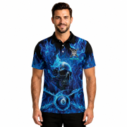 Blue Fire Flame Punisher Skull 8 Ball Billiard Custom Pool Shirt - Image 2