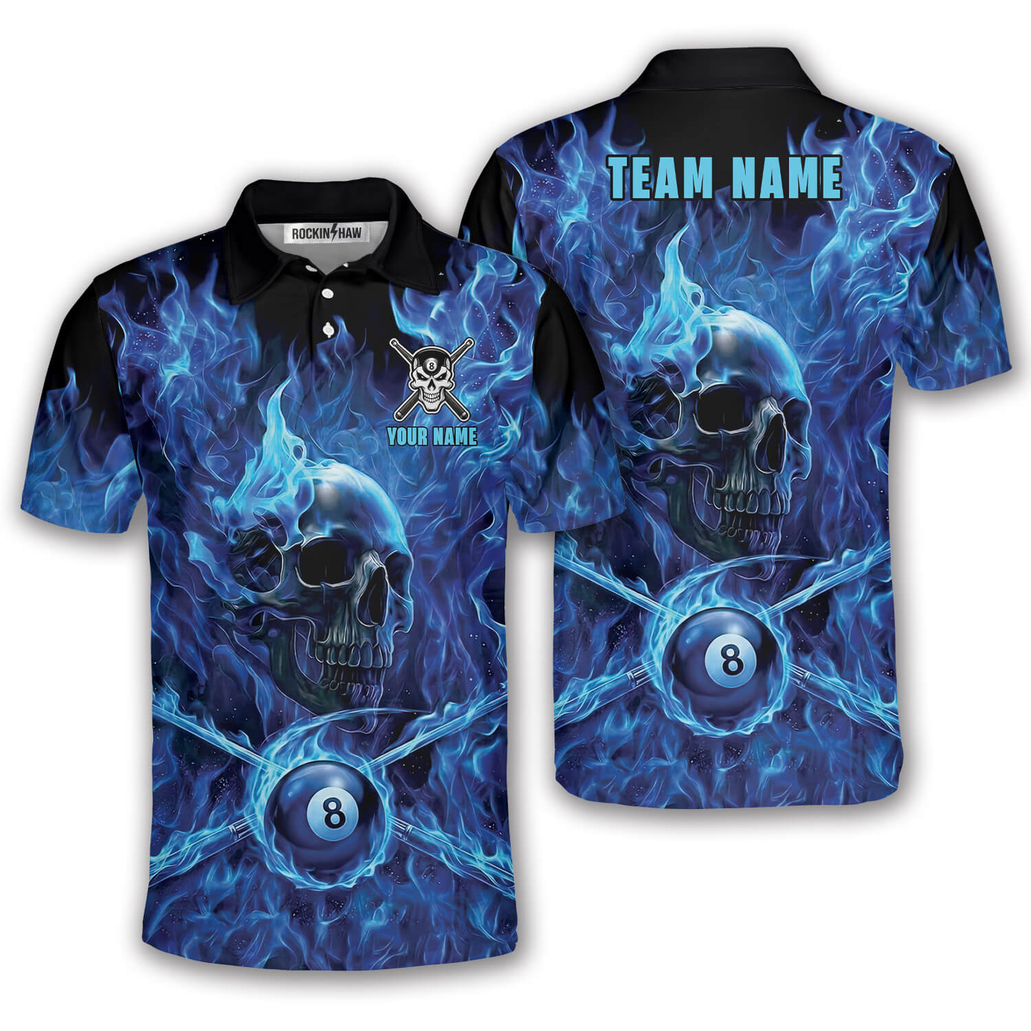 Blue Fire Flame Punisher Skull 8 Ball Billiard Custom Pool Shirt #357PRM20260504 Mockup FB Blue Fire Flame Punisher Skull 8 Ball Billiard Custom Pool Shirt - Image 1