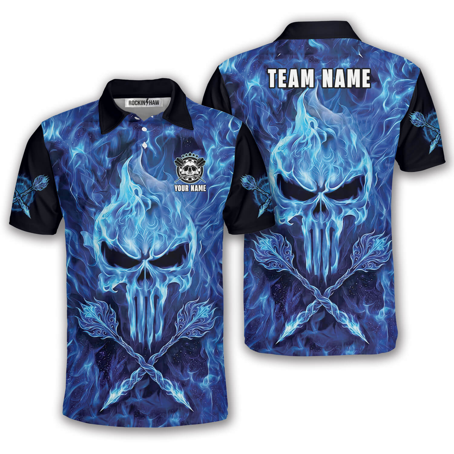 Blue Fire Flame Punisher Skull Arrows Custom Darts Shirt #349PRM20260428 Mockup FB Blue Fire Flame Punisher Skull Arrows Custom Darts Shirt - Image 1