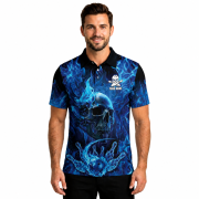 Blue Fire Flame Punisher Skull Bowling Strike Custom Bowling Shirt - Image 2