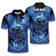 Blue Fire Flame Punisher Skull Bowling Strike Custom Bowling Shirt