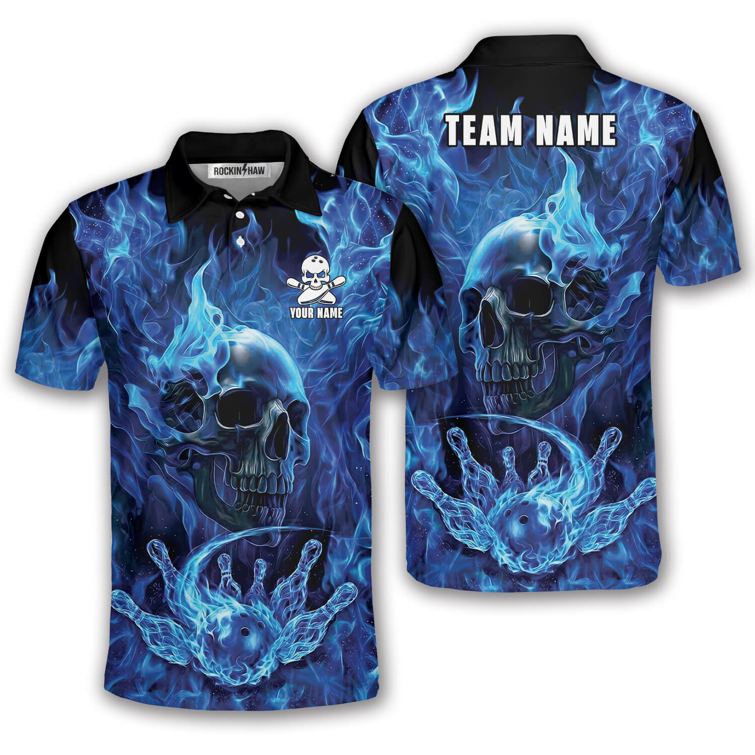 Blue Fire Flame Punisher Skull Bowling Strike Custom Bowling Shirt #354PRM20260429 Mockup FB Blue Fire Flame Punisher Skull Bowling Strike Custom Bowling Shirt - Image 1