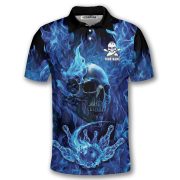 Blue Fire Flame Punisher Skull Bowling Strike Custom Bowling Shirt - Image 3