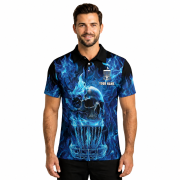 Blue Fire Flame Skull Disc Basket Custom Disc Golf Shirt - Image 2