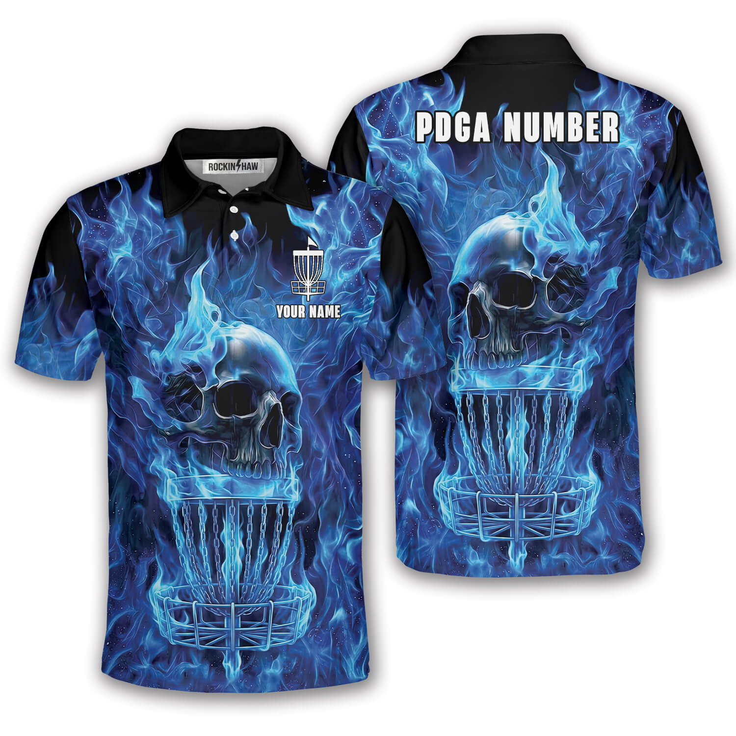 Blue Fire Flame Skull Disc Basket Custom Disc Golf Shirt #364PRM20260511 Mockup FB Blue Fire Flame Skull Disc Basket Custom Disc Golf Shirt - Image 1