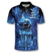 Blue Fire Flame Skull Disc Basket Custom Disc Golf Shirt - Image 3
