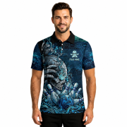Blue Toxic Skull Bowling Strike Graphic Custom Bowling Shirt - Image 2