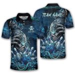 Blue Toxic Skull Bowling Strike Graphic Custom Bowling Shirt
